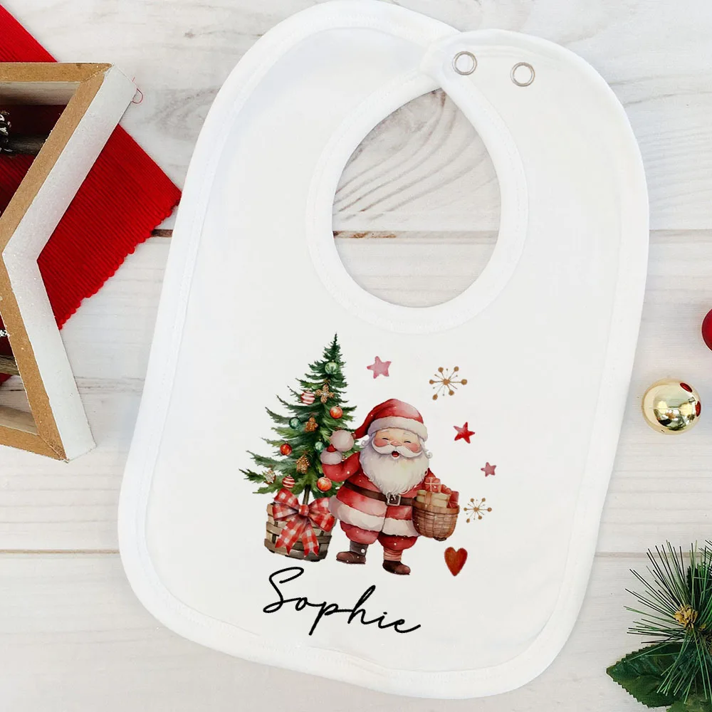 

Personalized Baby Bib Santa with Name Infant Bibs Custom Christmas Party Newborn Cotton Bib Infant Saliva Towel Baby Xmas Gift