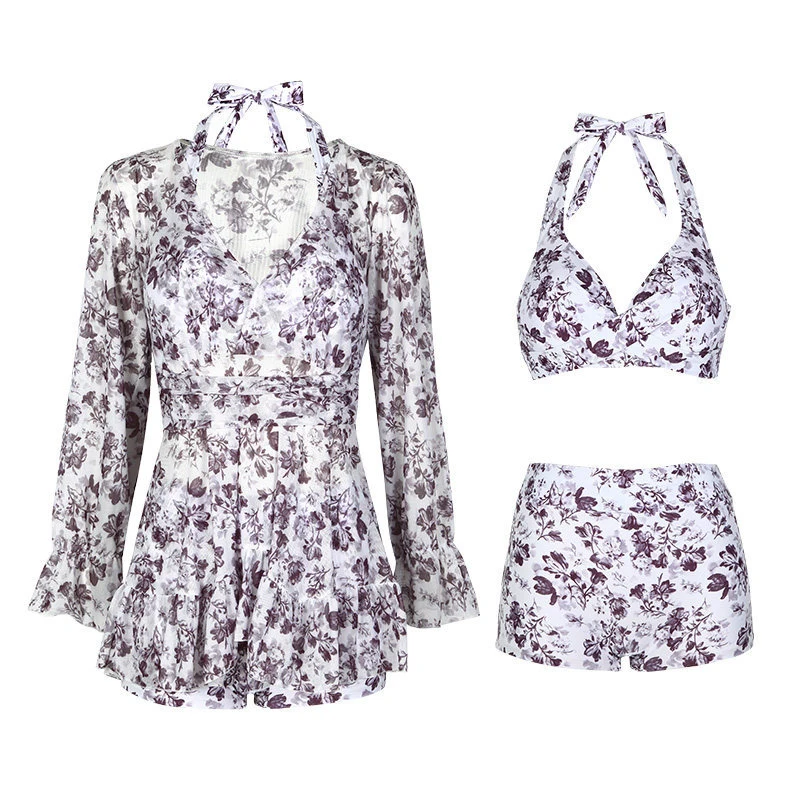 Sanqi Women 3 Piece Floral Bikini Set Off Shoulder Long Sleeve Cover Up Ruffle Skirt Swimwear High Waist Bathing Suit Beach