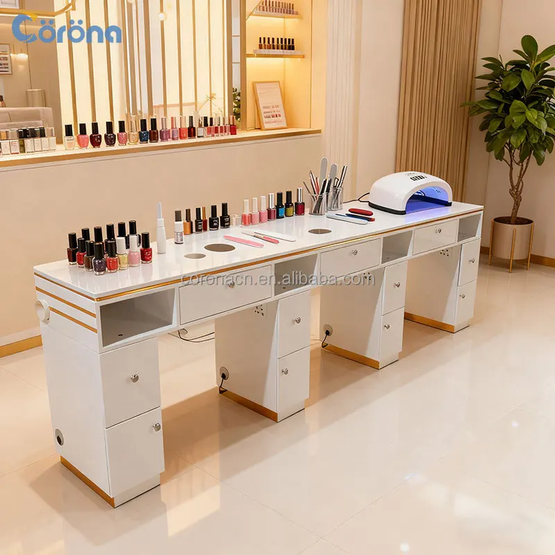 Wooden Nail Table With Large Storage Cabinets For Spa And Salon