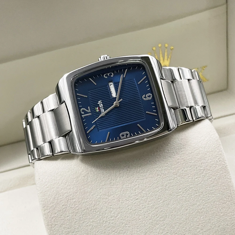 Swish Classic Blue Square Business Quartz Watch For Men Stainless Steel Strap 40mm Weekday Calendar Relogio Masculino