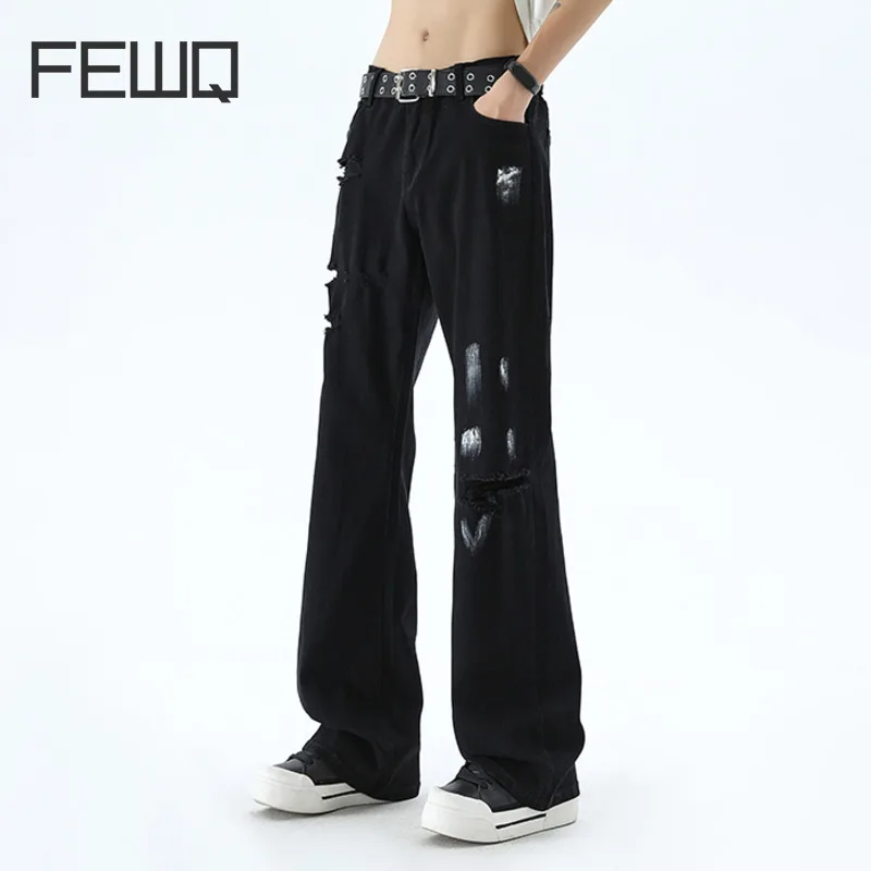 FEWQ  American Style High Street Darkwear Distressed Elastic Flared Jeans 2024 Solid Color Darkwear New Fashion Trousers 24E1349