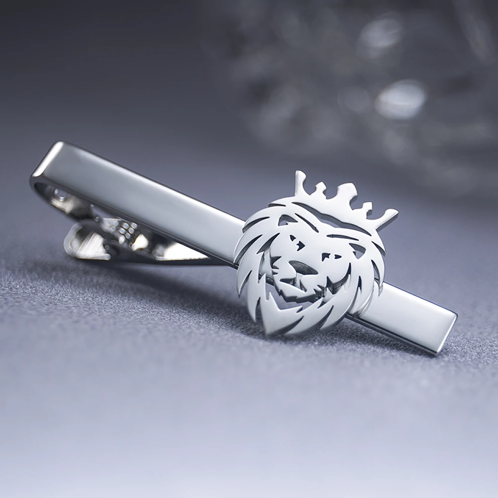 Tangula Punk Crown Lion Tie Clip Stainless Steel Mens Animal Hip Hop Party Accessories Necktie Clamp for Groom Wedding Jewelry