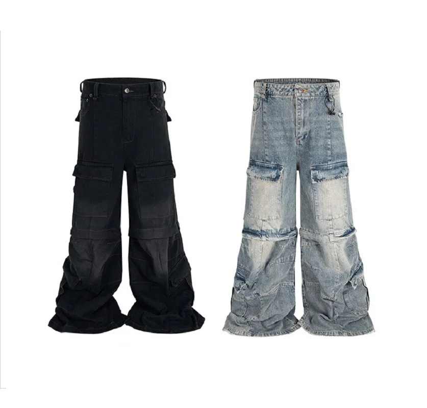 

Vintage Washed Detachable Flared Cargos Mens Straight Casual Baggy Overalls Oversized Streetwear Boot Cut Trousers