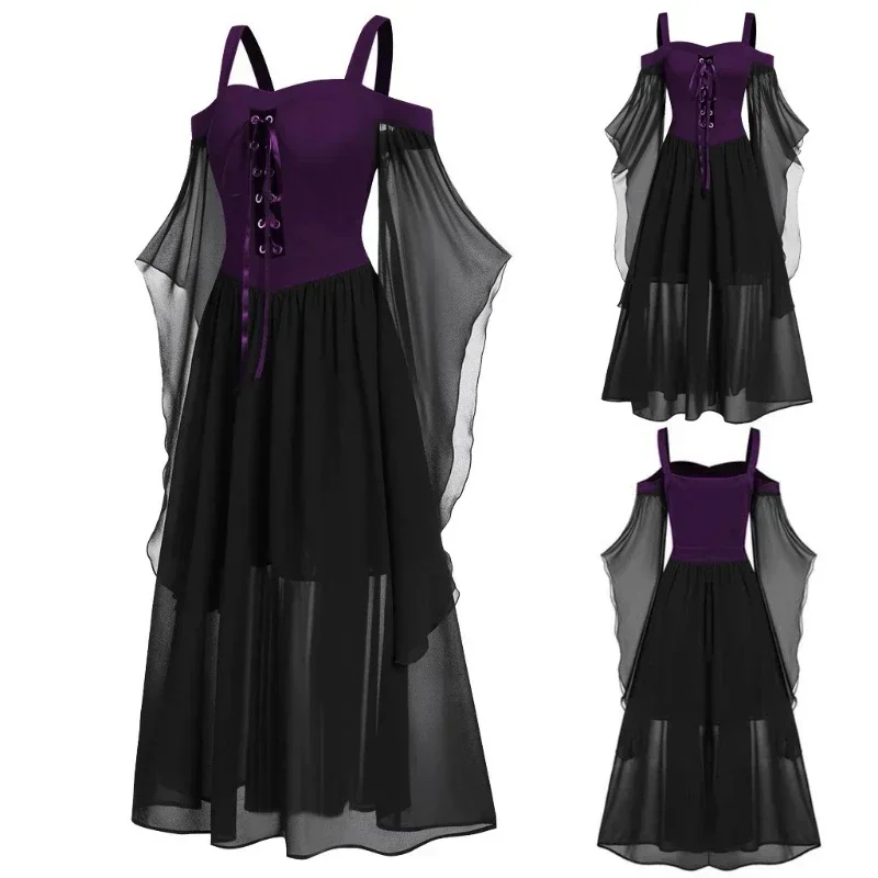 Nuevo vestido de bruja Medieval para mujer, Carnaval de Halloween, vestido gótico de talla grande con hombros descubiertos y manga de mariposa para Halloween