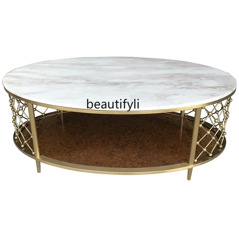 178Marble oval, living room, tea table creative light luxury metal cone foot stainless steel double-layer coffee table2936