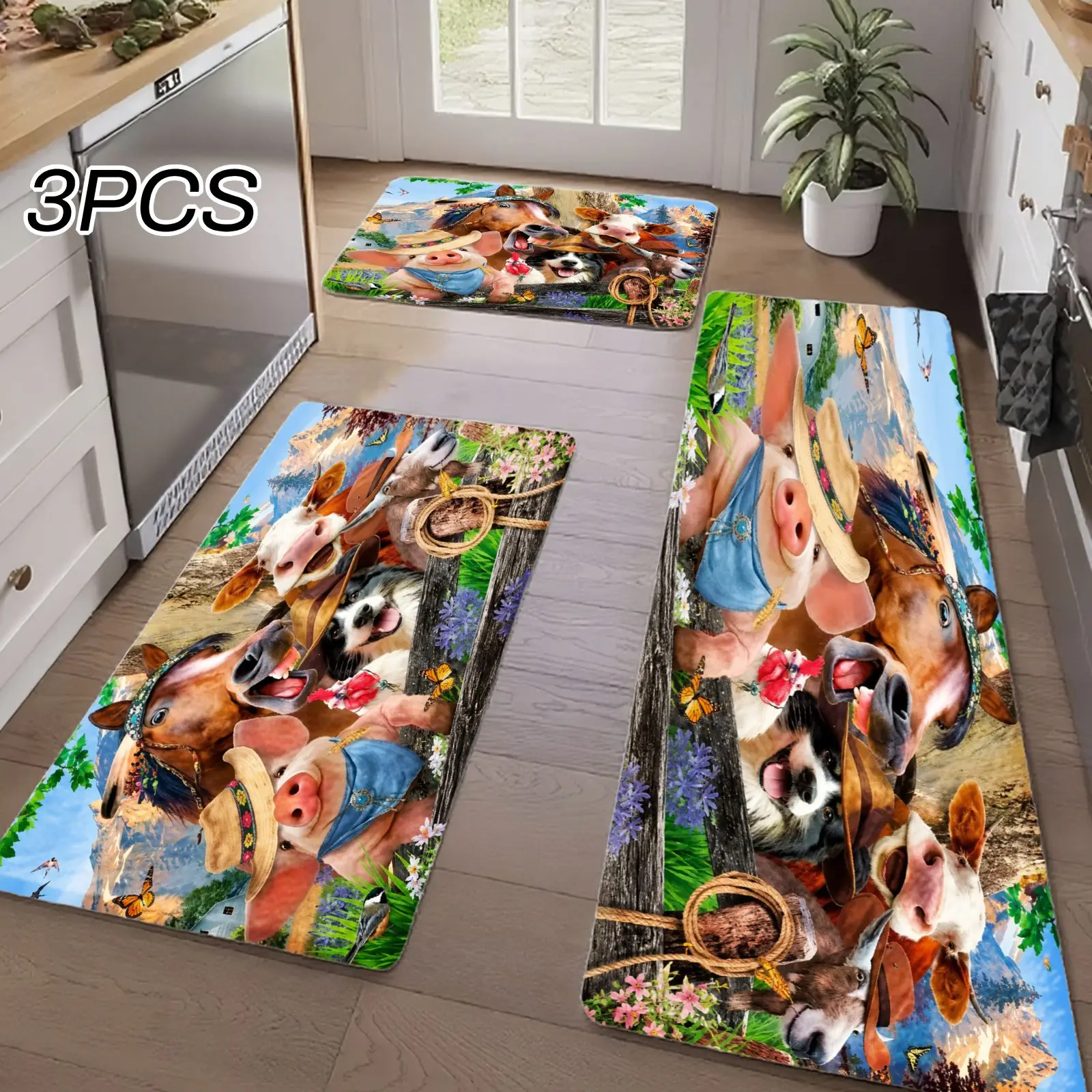 3PCS Kitchen Rugs,Home Decoration for Front Door, Kitchen, Bathroom, Cows Wearing Hats And Flowers In Pastoral Scene Dining Mat