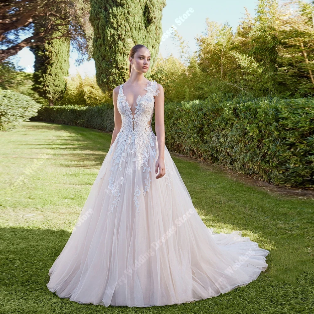 

Sexy A-Line Women Wedding Dresses Elegant Lace Printing V-Neck Sleeveless Bride Gowns Banquet Vestidos De Novias 2025 Customized