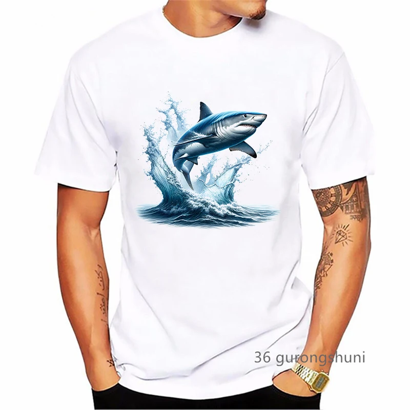 

Watercolor Shark Printed T Shirt Men Clothes 2024 Summer Fashion Tops Tee Shirt Homme Harajuku Shirt Casual Funny T-Shirt