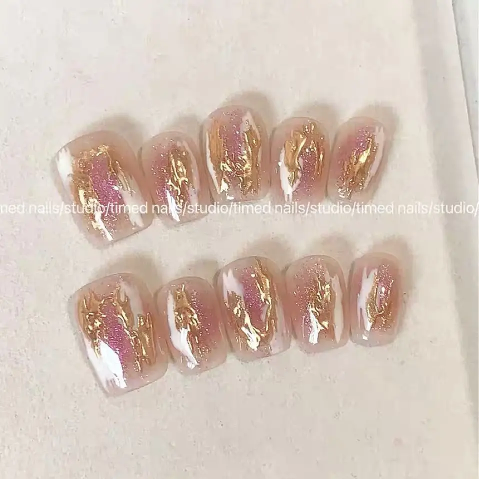 Elegant Press on Nails Pink Gold Foil Glitter Dust Rhinestone Decor Durable Polyester Fiber Easy Apply Comfort Fit Nail Art