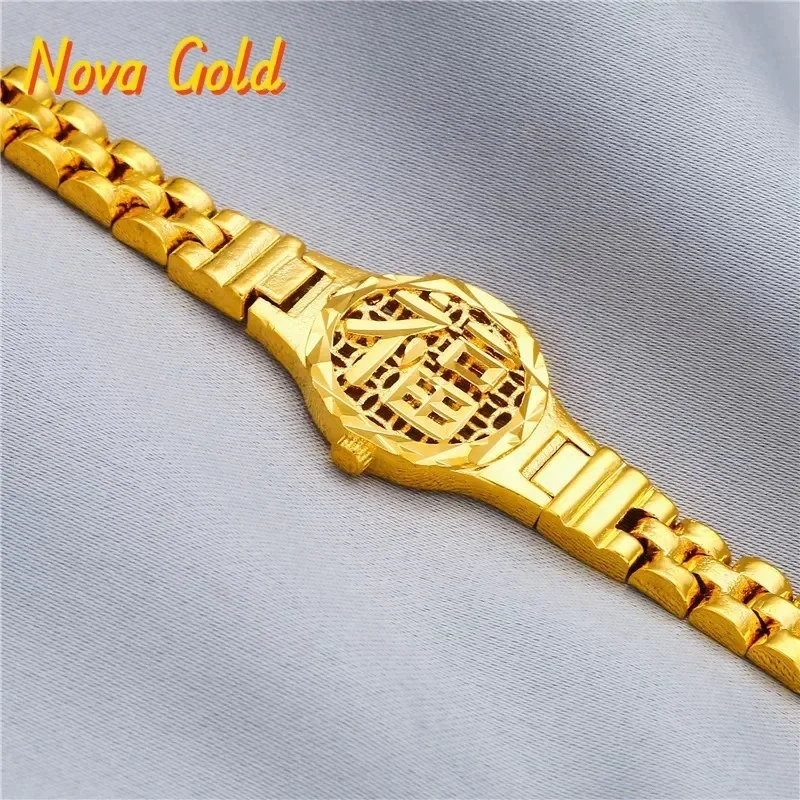 

NovaGlod Luxury 24K 9999 Pure Gold real gold Women's Fu Character Watch Chain Round Brand Fu Character Bracelet