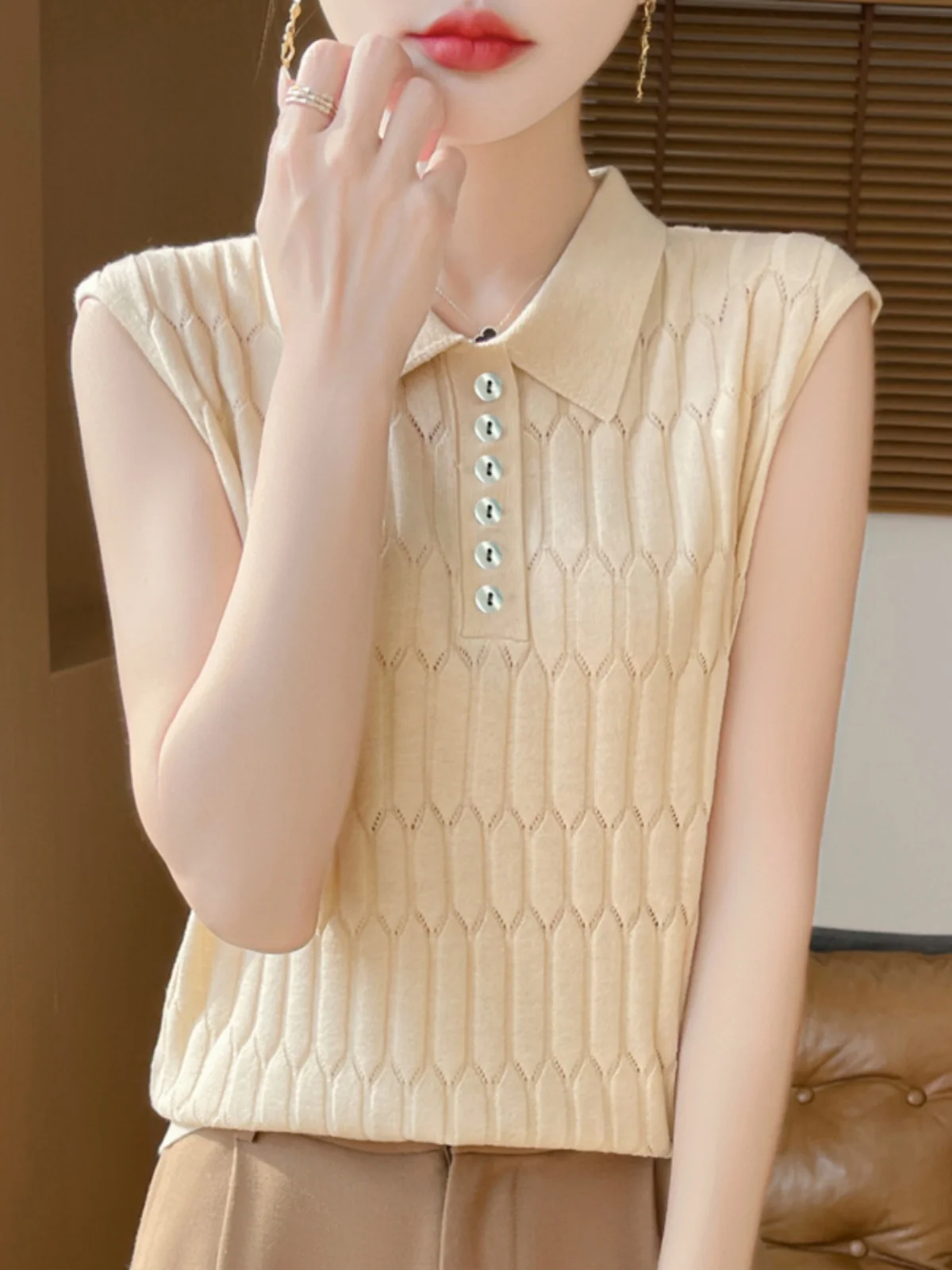 

Ранняя весна, новый женский вязаный ажурный ультратонкий шерстяной жилет с верхним воротником, обычный слив