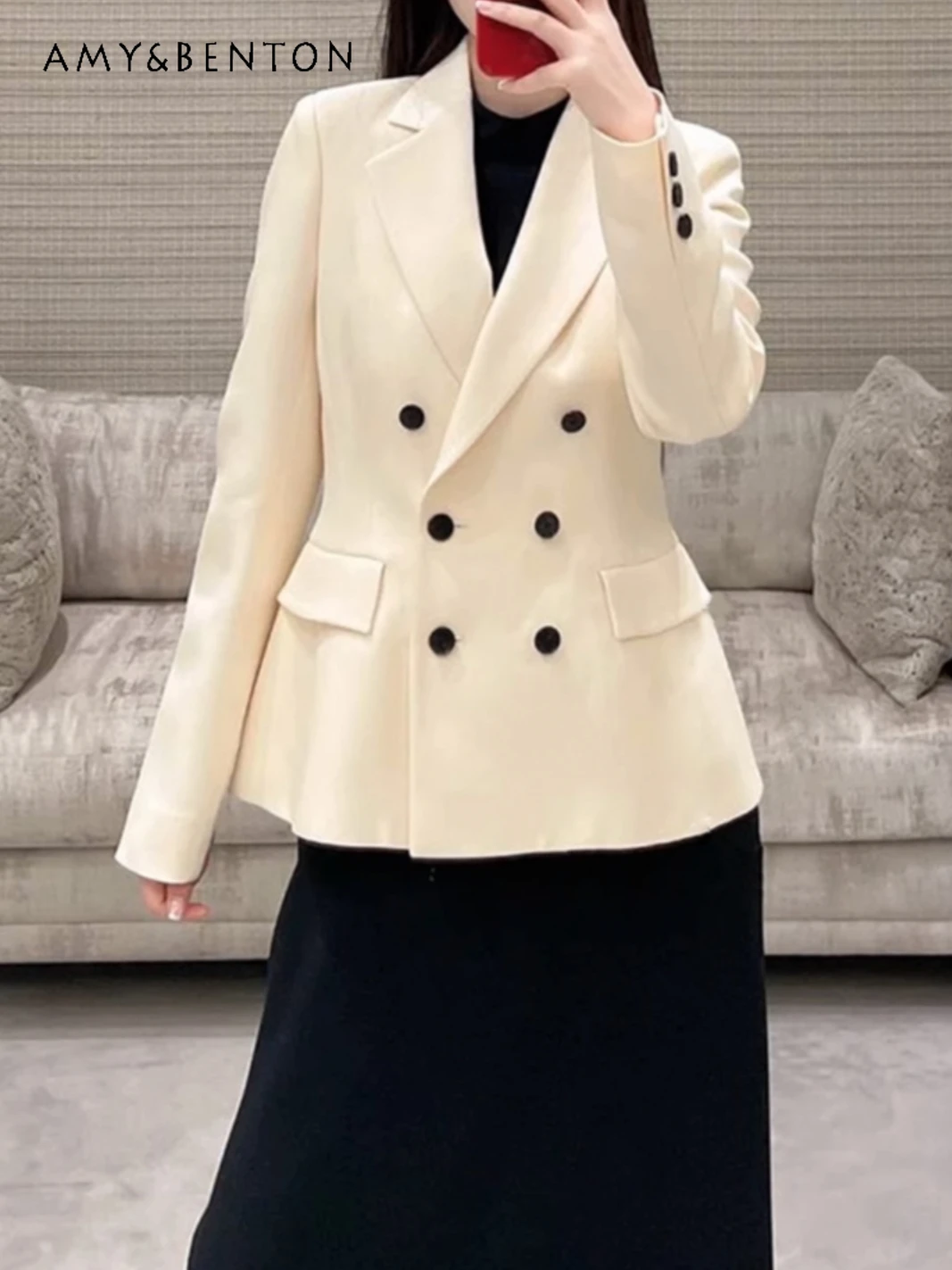 

Spring New French Heavy Industry Graceful Long Sleeve Lapel Double Breasted Slim Blazers Commuter Style Ladies Solid Color Suit