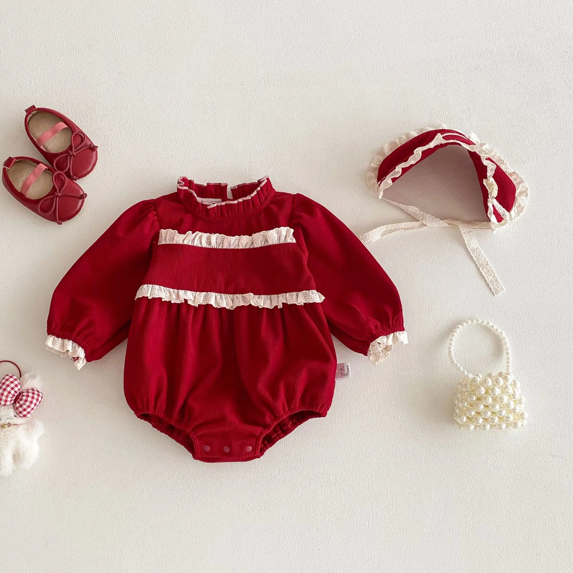 2025 Autumn Clothes Girls Red Corduroy Clothes Korean Version Baby Baby Out Clothes Baby One-piece Fart Coat