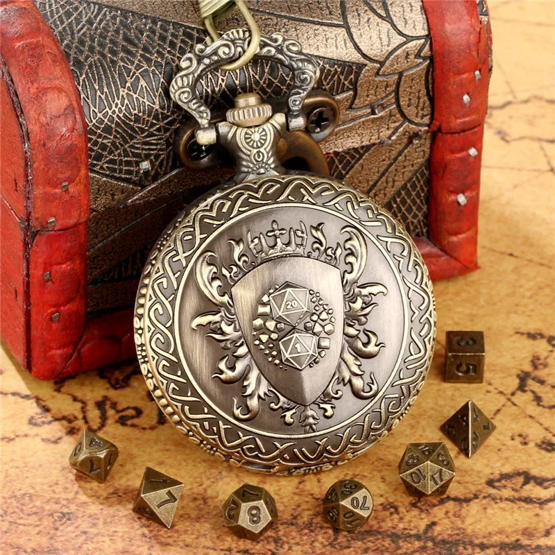 7pcs Metal Polyhedral Tiny Dice Set for Tabletop RPG Dice Accessory Vintage D20 and D1 Shield Pocket Watch Case with FOB Chain