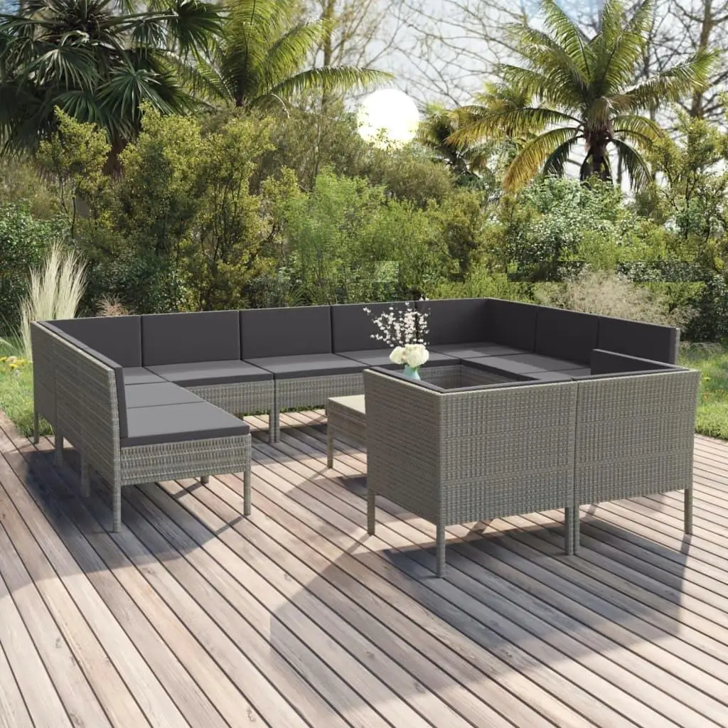 12-Piece Gray Poly Rattan Patio Lounge Set with Cushions - Stylish Outdoor Furniture