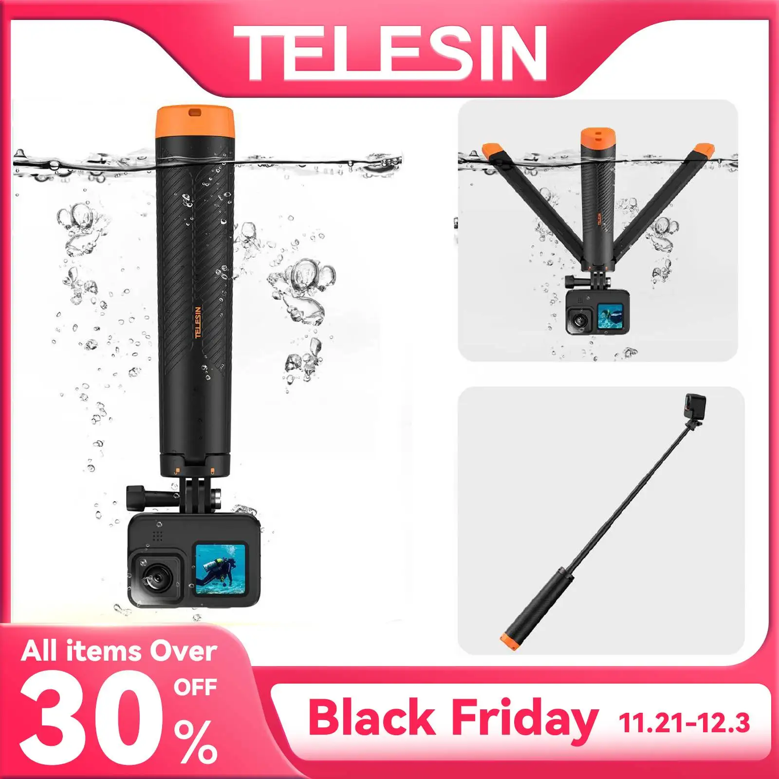 TELESIN Underwater Buoyancy bar Diving Extendable Selfie Stick Tripod For Gopro Insta360 DJI OSMO Action Camera Accessories