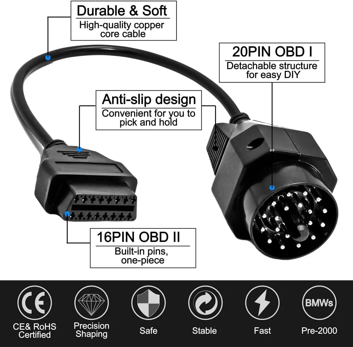 OBD To OBD2 Adapter for BMW 20pin to OBD2 16PIN Female Connector e36 e39 X5 Z3 for BMW All 20 pin OBD 2 Car Diagnostic Cable