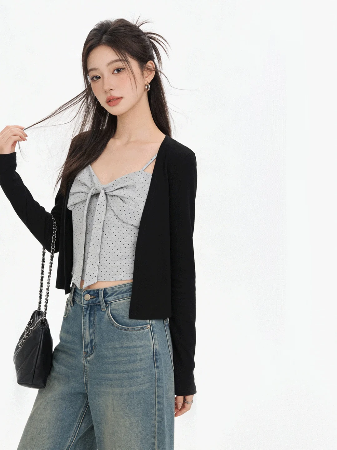 

Retro Korean Knitted Cardigan Dot Print Set Women's Spring Versatile Small Size Sweet Sle Outerwear Top High Waist Pants