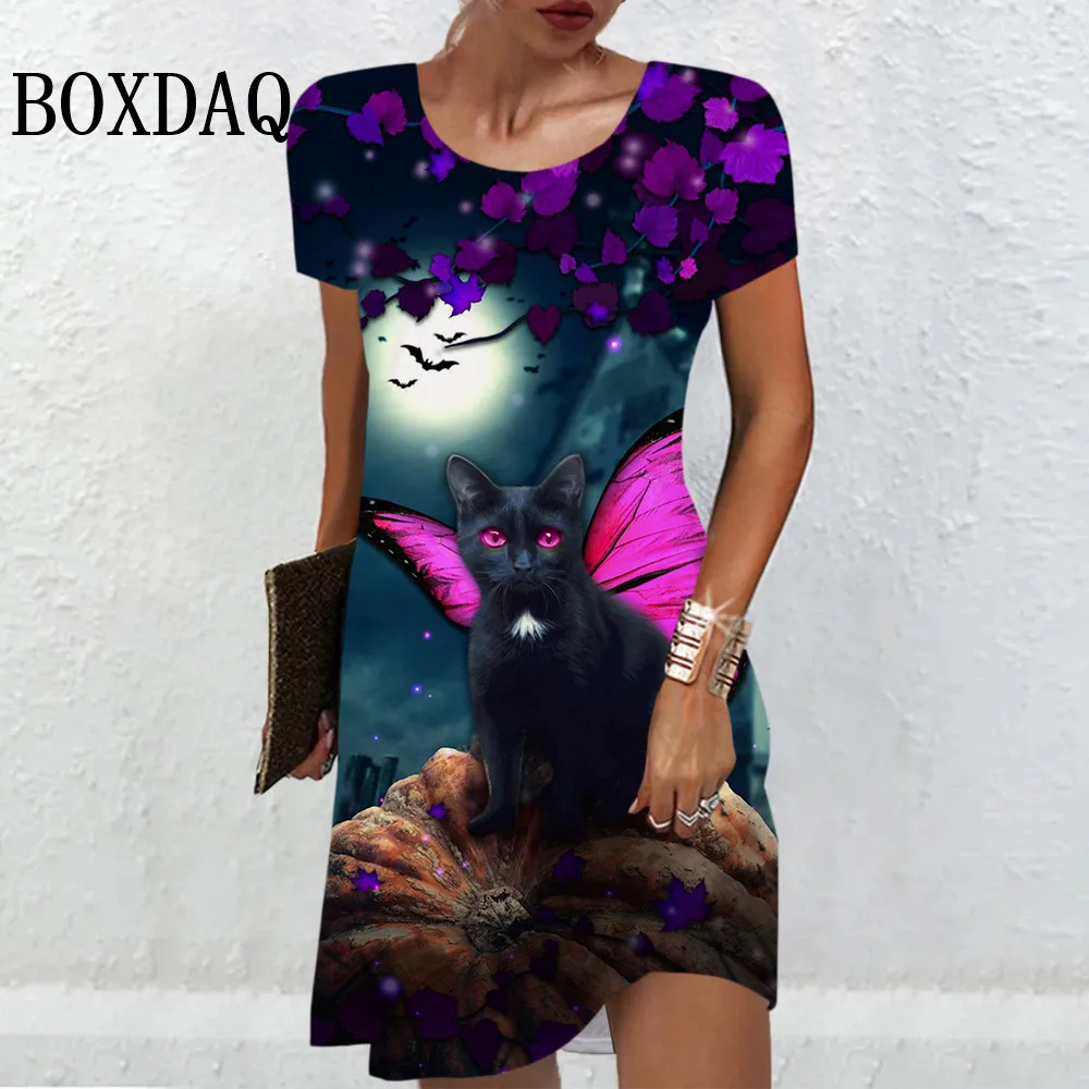 Vestido corto con estampado de gato clásico para mujer, minivestido informal de manga corta con cuello redondo, estampado Floral en 3D, moda de verano