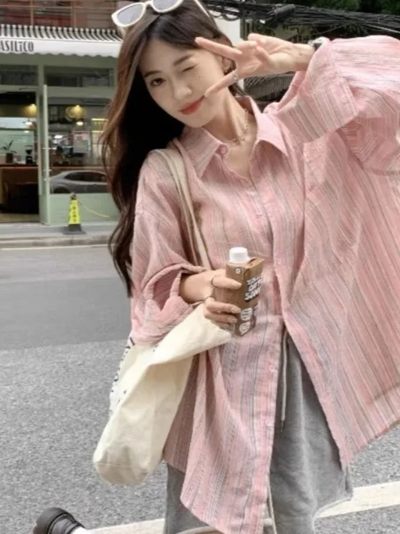 

Spring Summer 2026 Loose plus Size Women's Korean Style Chic Pink Striped Shirt Lazy Style Sunscreen Casual Long Sleeve Shirt