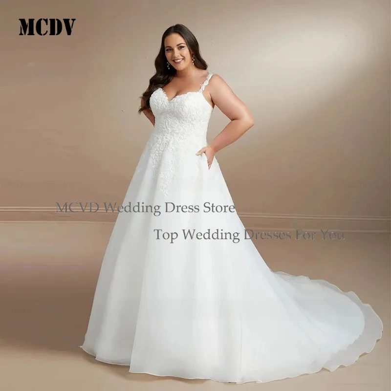 

MCDV 2025 Plus Size Wedding Dresses A Line Sweetheart Long Bridal Gowns with Lace Applique Sequins Customized Bridal Dresses