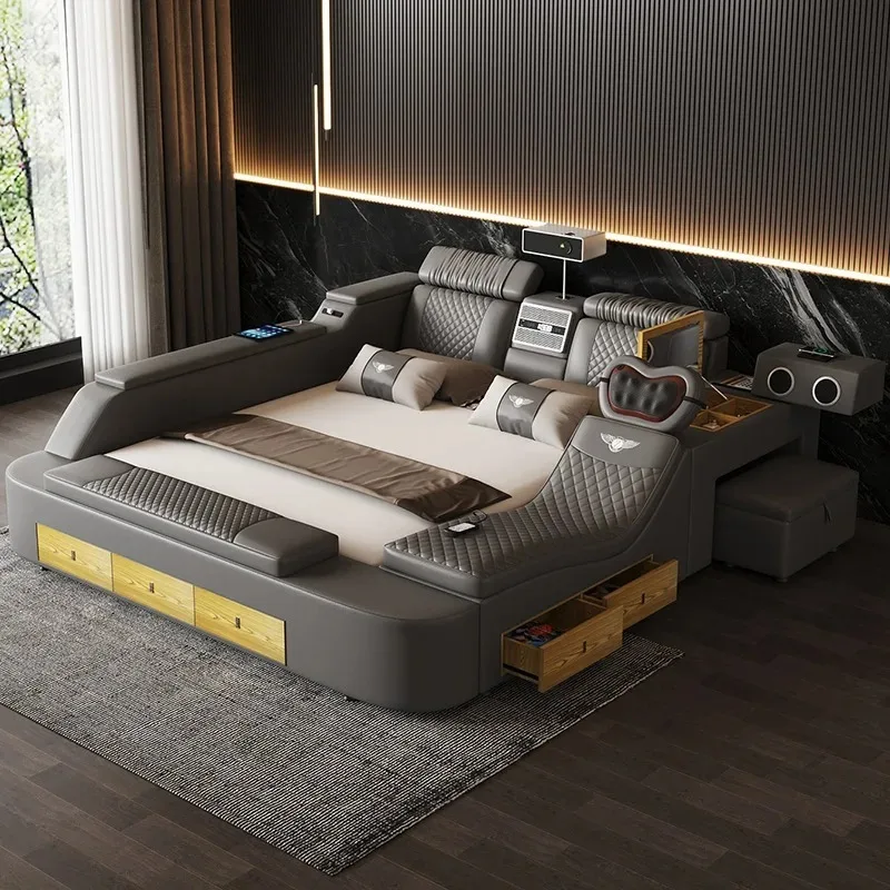 

Luxury Leather Modern Double Bed Storage Space Mattress Multifunctional Smart Bed Queen Adults Letto Matrimoniale Home Furniture