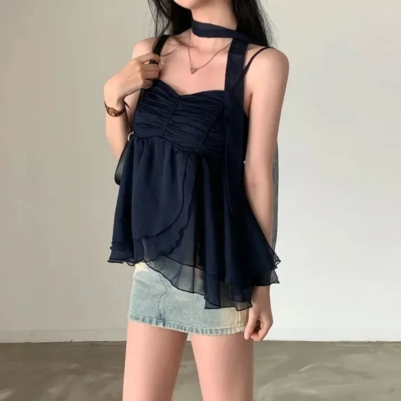 Summer Korean Fashion Sexy Tank Top Loose Women Aesthetic Sleeveless Y2k Sweet Camis Party Female Halter Collar Casual Clothes