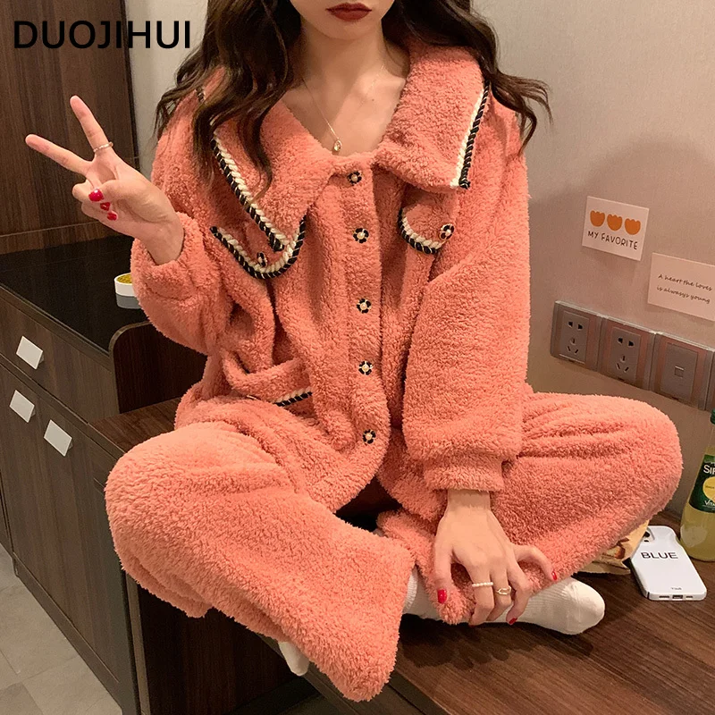 DUOJIHUI-Conjunto de pijamas quentes e grossos para mulheres, manga longa, solta, cor sólida, moda simples, 3 cores, inverno, novo