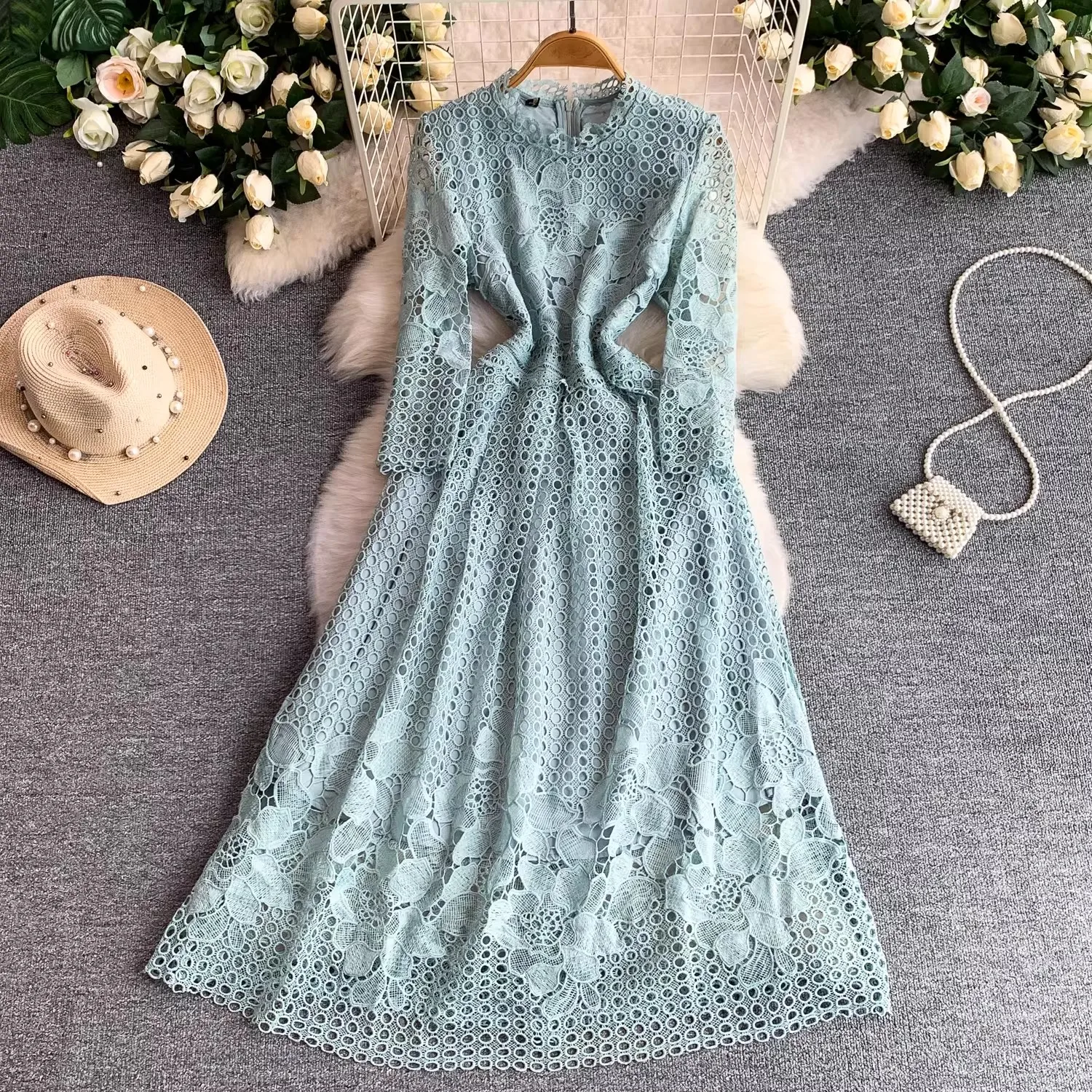 Women's Embroidery Lace Dress Short Sleeve Crochet Hollow out Midi Summer Formal Evening Gown for Birthday Party 3