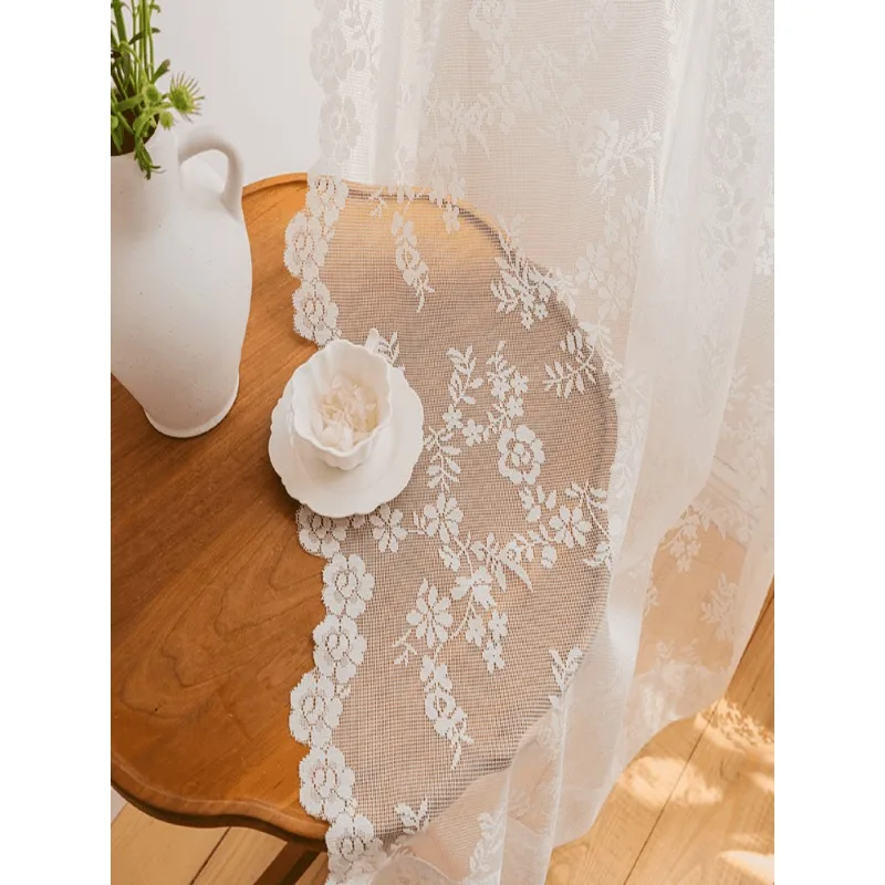 French Light Luxury Style Warp Knitted Flower Lace White Gauze Living Room Bedroom Balcony Decorative Curtains