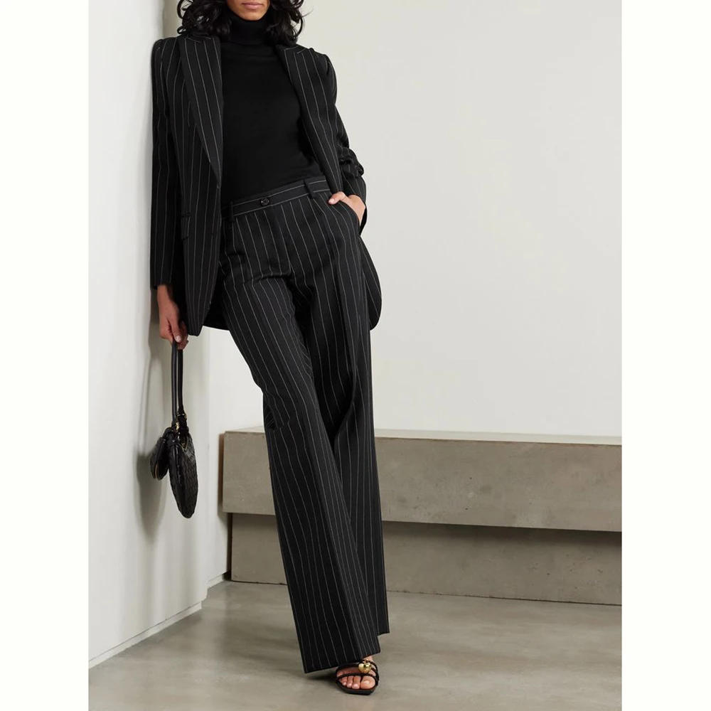 Luxury Black Striped Women Suit 2 Piece Jacket Pants Single Breasted Female Clothing Elegant Office Lady Slim Fit Blazer Set