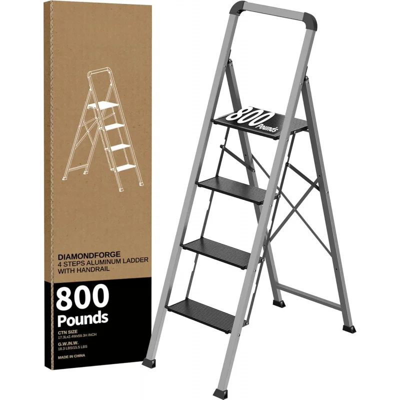 Capacity Aluminum Ladder, Folding Step Stool, Anti-Slip Sturdy and Wide Pedal, Lightweight and Portable Stepladder for Home