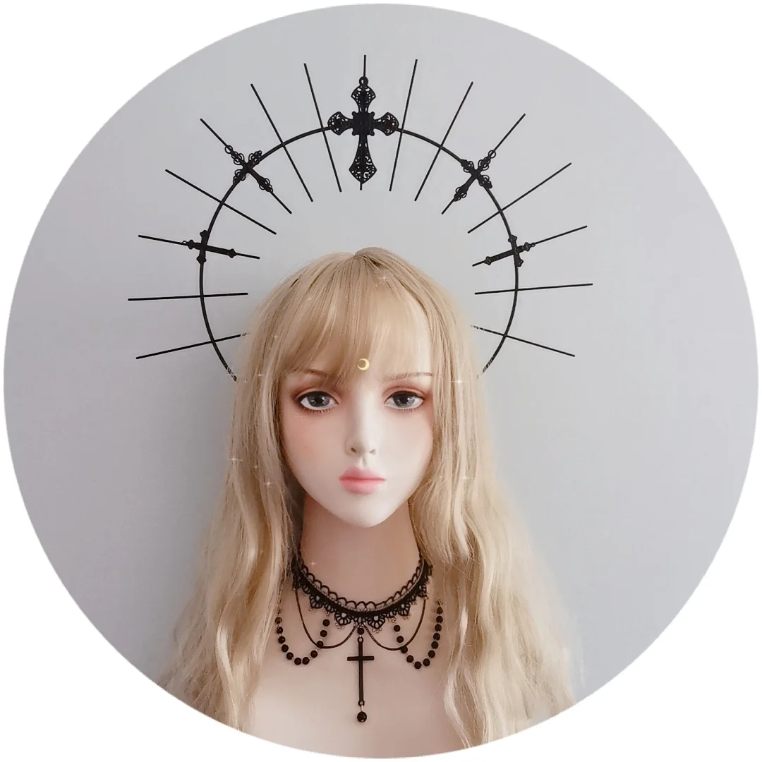 Lolita KC Halo Crown Gothic Reines Mary Göttin Dunkle Kreuz Versetzt Crown Kopfstück Übertrieben Päpstlichen Haar Crown Haar Hoop