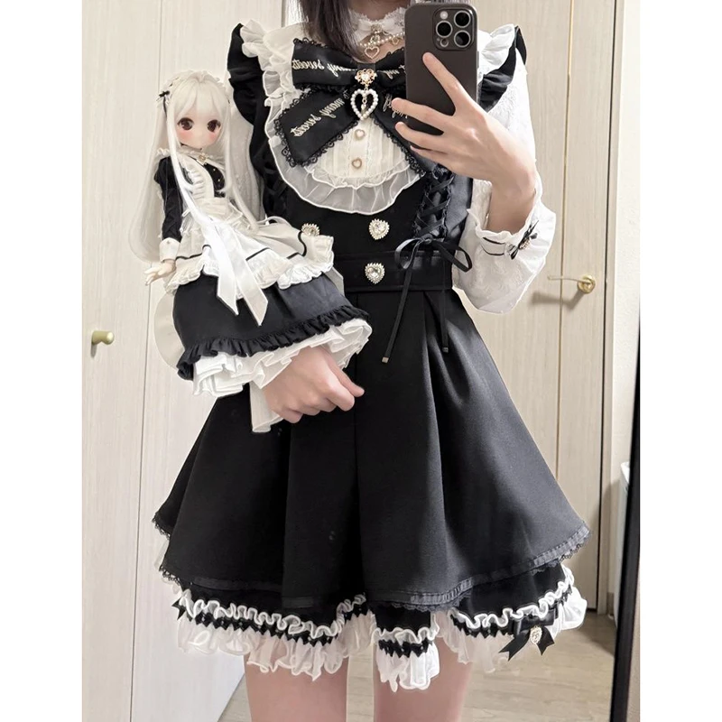 Robe patchwork Lolita, ensemble 2 pièces: robe à manches longues et col Peter Pan avec nœud doux et jupe Perppy en dentelle à volants taille haute
