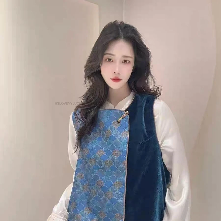 

Бархатный жаккардовый утолщенный жилет, новый китайский ретро темпераментный топ, модный женский повседневный жилет в китайском стиле, пальто