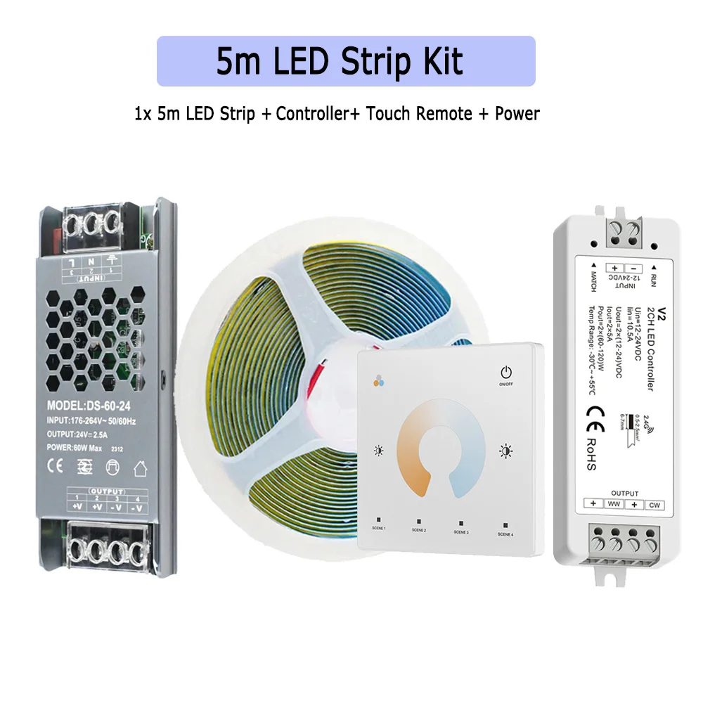 5M 10M 20M COB CCT LED-strip 24V Flexibele hoge dichtheid dimbaar kamerlicht 2.4G RF Touch afstandsbediening Dual White 2700K-6500K - afbeelding 1