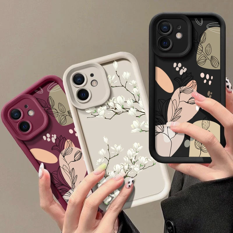 White Magnolia Pattern Phone Case For iPhone 16 15 14 Pro Max 15 16 Plus 12 13 Pro 11 Candy Color Shockproof Soft Silicone Cover