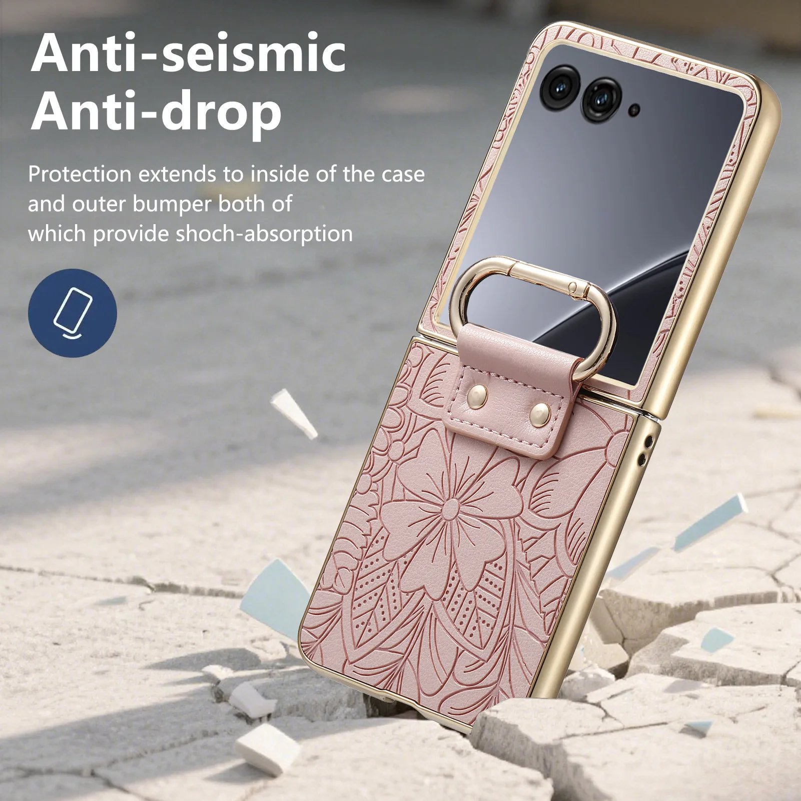 Modne etui skórzane z wytłaczanymi kwiatami do Motorola Razr 60 Ultra 50, wygodny uchwyt, odporne na wstrząsy, z pierścieniem do przenoszenia, przenośne, smukłe etui. — zdjęcie produktu 2