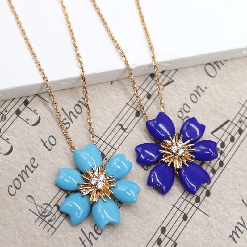 

Dropshipping 925 Silver Natural Lapis Turquiose Sunflower Pendant Necklaces 9K 14K Gold Filled Rose Daisy Choker Fine Jewelry