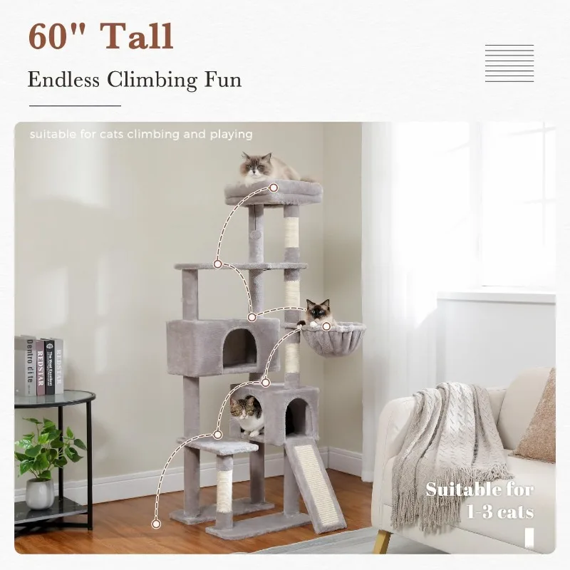 Cat Tree, 60 Inches Cat Tower with Dual Condos, Spacious Perch, Cozy Basket and Scratching Posts for Indoor Cats