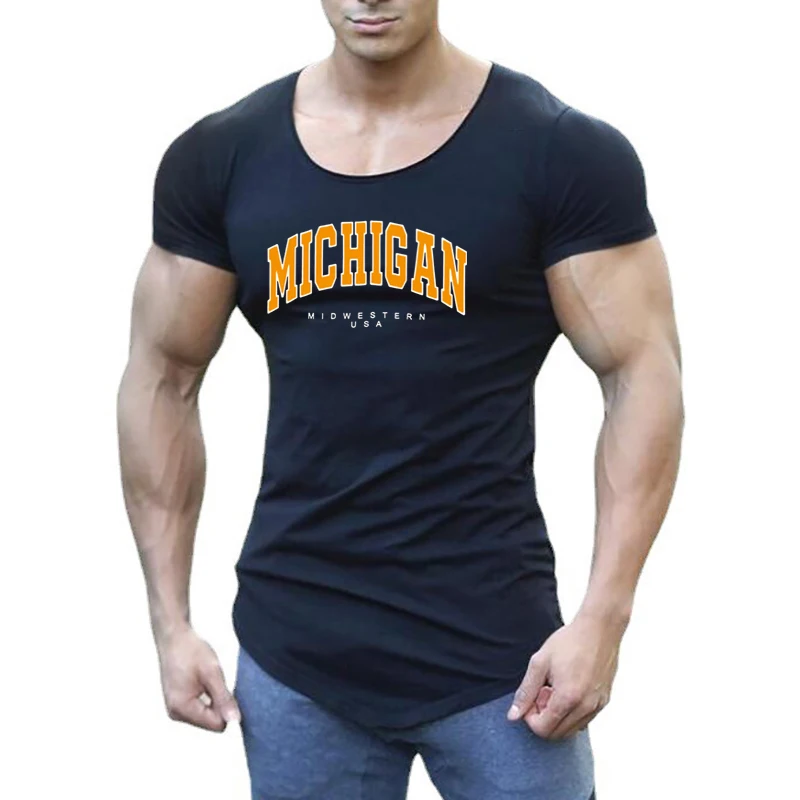 Michigan Midwestern USA Print Sport T-Shirt Gym Fitness Bodybuilding Slim Fit Shirts Cotton Breathable Short Sleeve Men\'s Tops