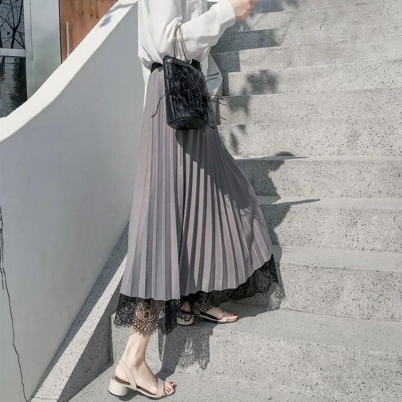 กระโปรงผ้าทูลล์ลูกไม้สองด้านทรงเอ ความยาวปานกลางสำหรับผู้หญิง กระโปรงยาวกรุยกรายผ้ากำมะหยี่ จีบระบายยาวกรุยกราย สำหรับฤดูใบไม้ผลิ