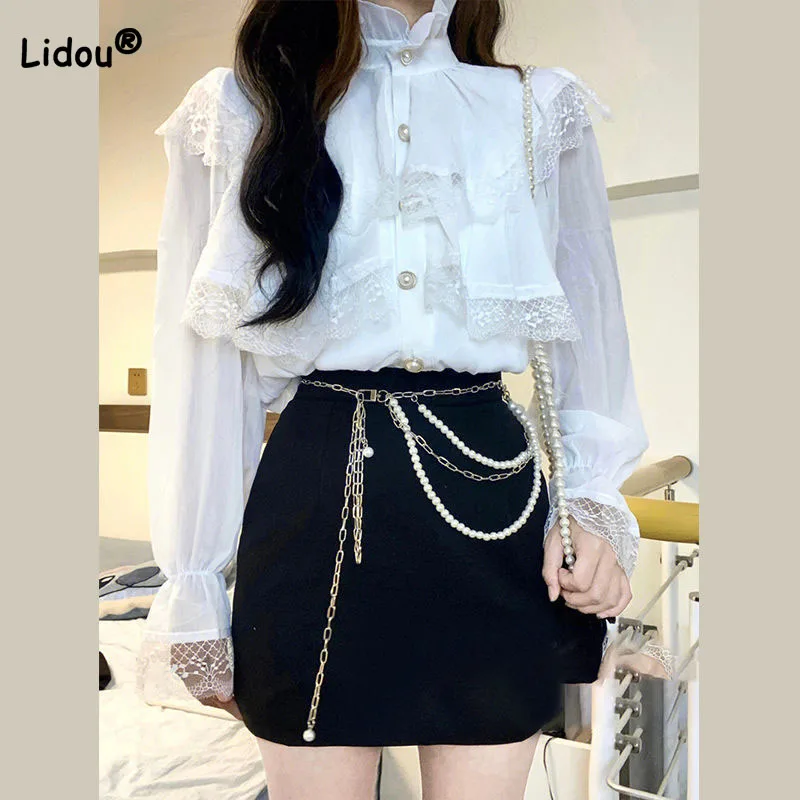 Women\'s Elegant Lace Ruffles Spliced Blouse Autumn New Fashion Female Clothing Sweet Half High Collar Solid Color Button Shirt