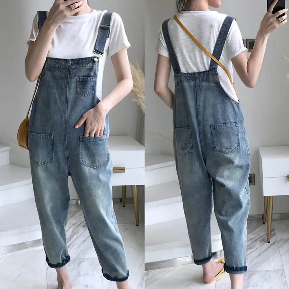 Pants Pockets Loose Trousers Denim Casual Women Jumpsuits Summer Overalls Linen Suspender Overall Dungarees Ninth