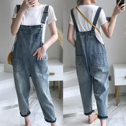 Pants Pockets Loose Trousers Denim Casual Women Jumpsuits Summer Overalls Linen Suspender Overall Ninth
