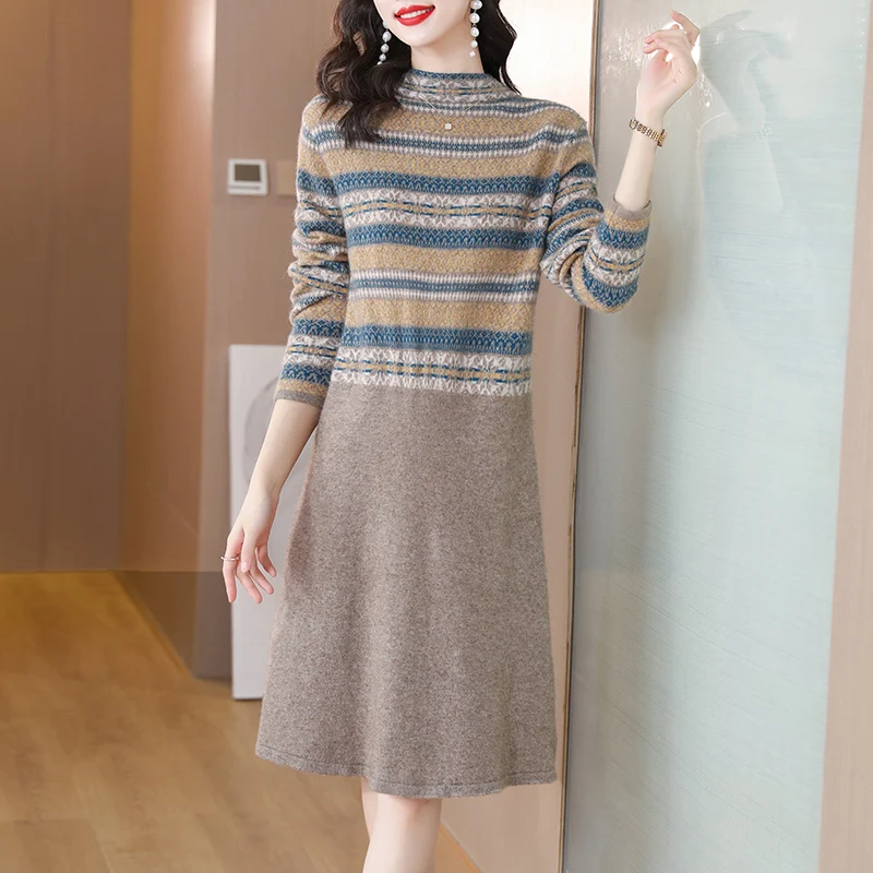 2023 New Fashion Knitted Dress Women's Autumn/Winter Ethnic Style Half High Collar Long Sleeve Loose Fit Warm Vacation Vestidos