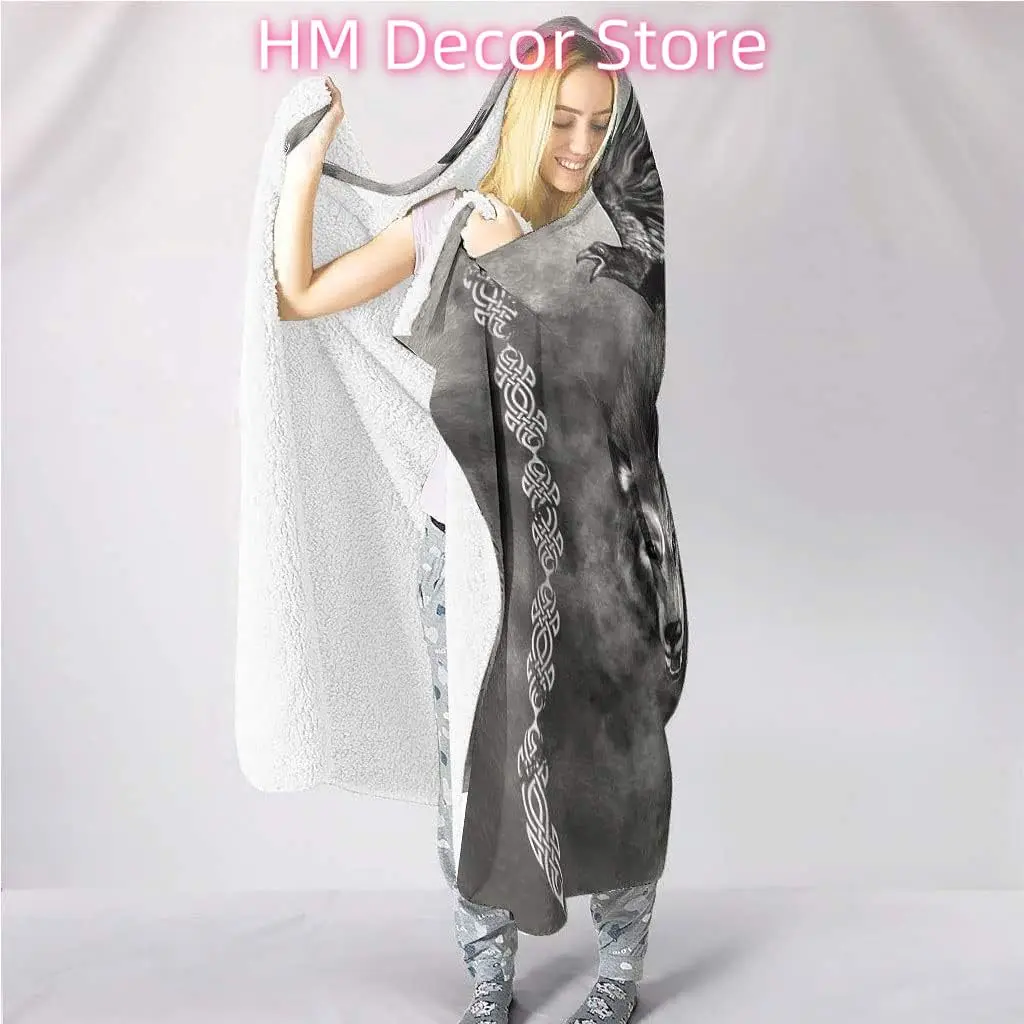 Viking Odin Fenrir Wolf Hooded Blanket Norse Mythology Gungnir 3D Print Celtic Tattoo Pattern Flannel Lining Super Soft Cozy Hom