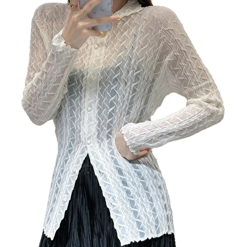 Miyake Pleated Blouse Plisse Women Hand-Embroidered Pleats Shirt  2026 Summer Versatile Elegant Age-Reducing Design Fold Top