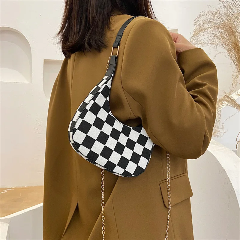 Fashion Women PU Leather Thin Chain Shoulder Crossbody Half Moon Bags Vintage Leopard Checkerboard Houndstooth Printed Handbag