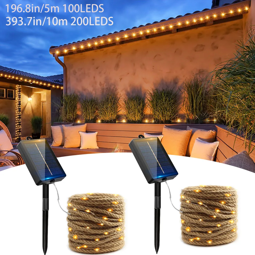 Waterproof Rope Hemp Solar String Light 100/200LED 8 Mode Fairy Lamp Outdoor Patio Lamp for Garden Christmas Wedding Party Decor